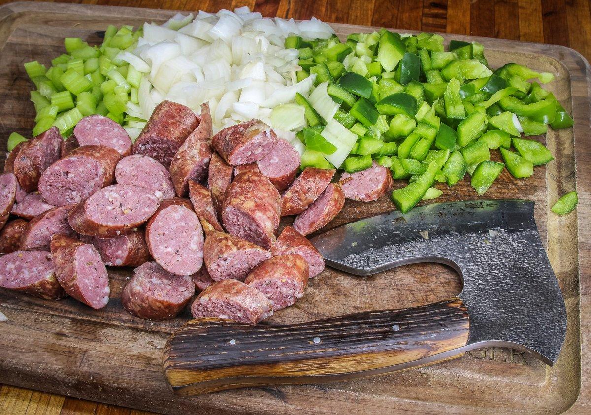 Chop the vegetables and slice the sausage before you start to cook.