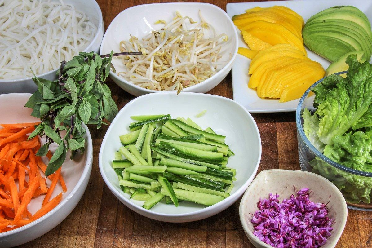 Do all the prep work before you start to make the rolls. Bean sprouts are another nice optional filling.