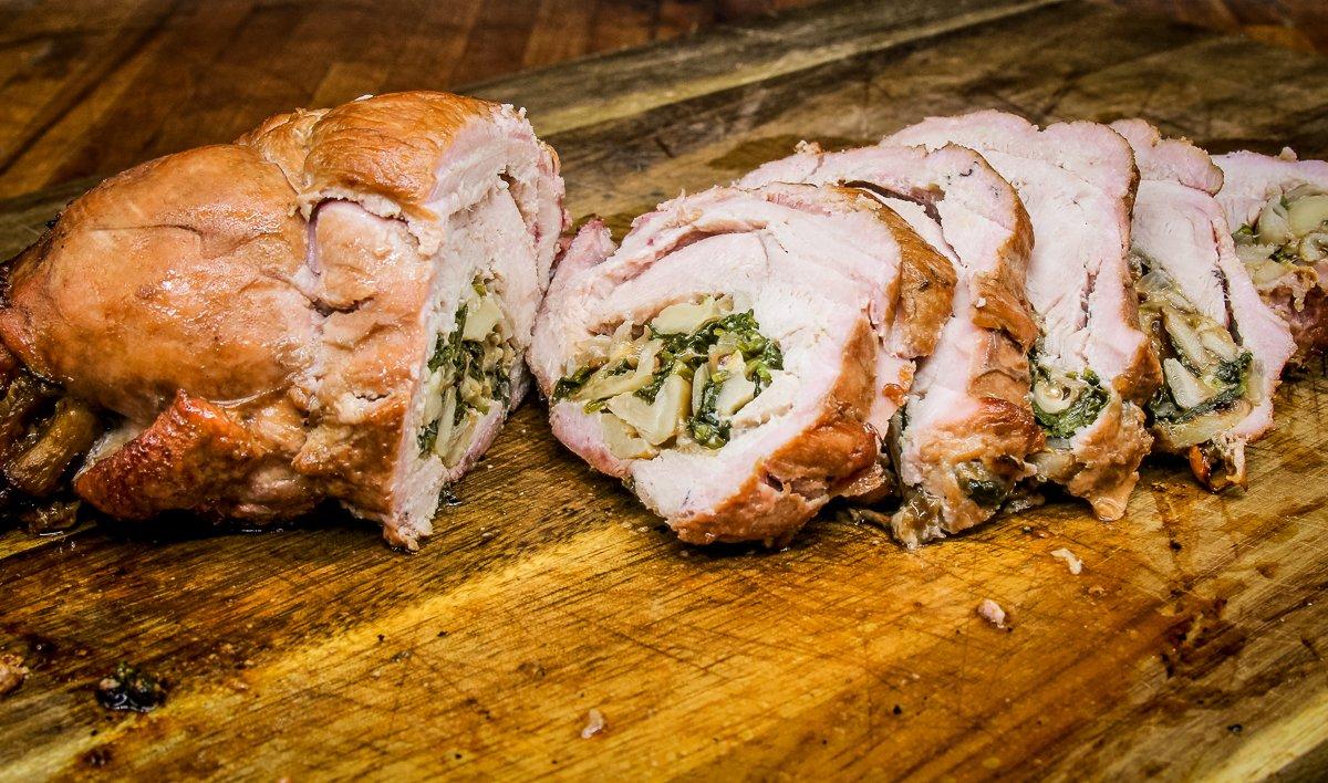 A flavorful stuffing of spinach and oyster mushrooms adds even more flavor to grilled wild turkey breast. 