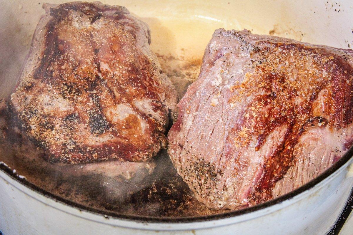 Sear the meat for a few minutes on each side until well browned.