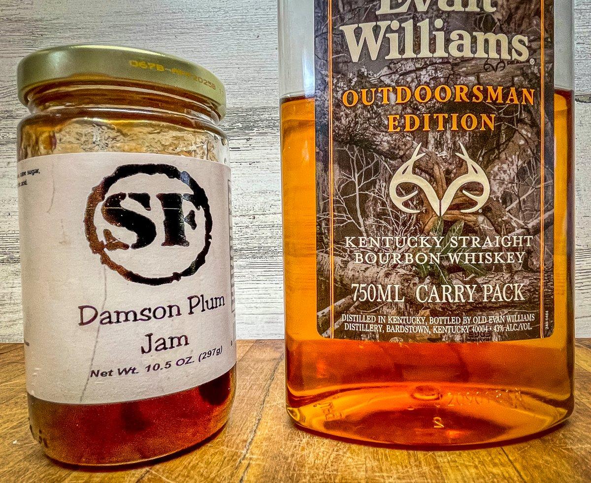 The main ingredients for the pan sauce are plum jam and bourbon.