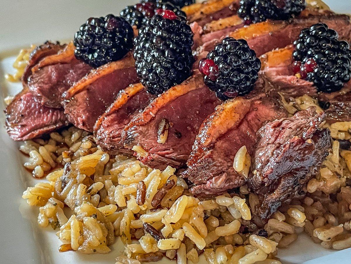 The concentrated sweetness of the blackberry wine sauce pairs nicely with the seared duck breast and tart fresh blackberries.