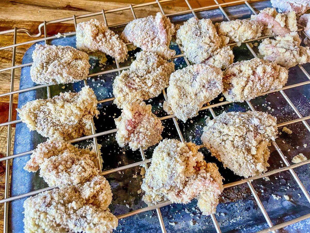 After dredging with flour, dip the nuggets into the egg mixture and bread crumbs.