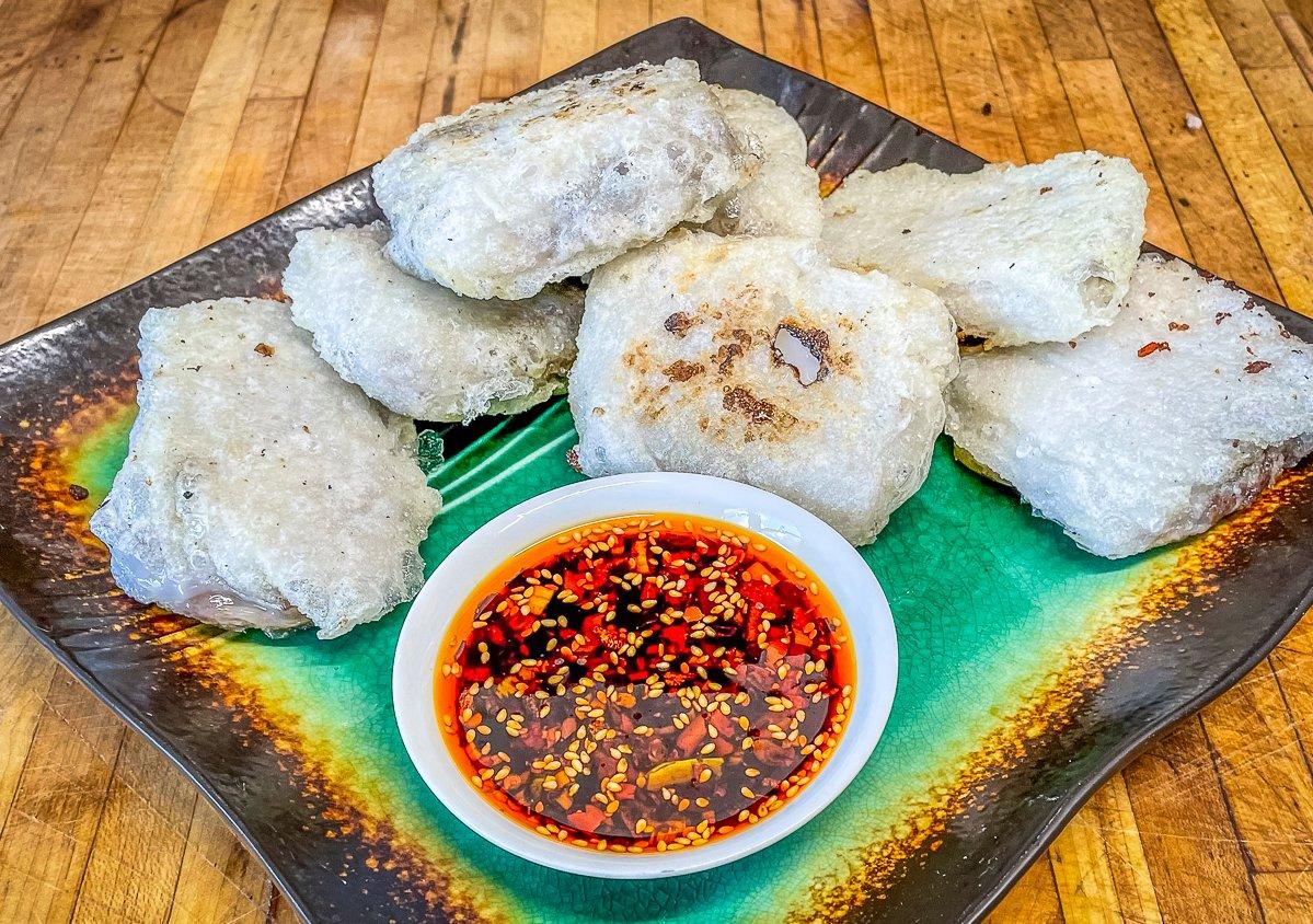 The double rice paper wrapper give the dumplings both a crispy and slightly chewy texture.