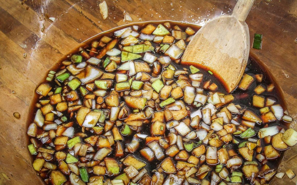 Mix the marinade in a large bowl, then add the sliced meat.