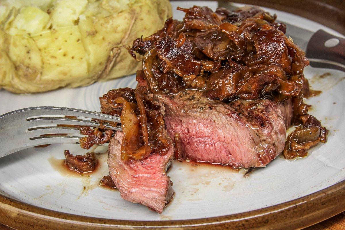 Grilled Elk Steaks with Caramelized Onion Bacon Bourbon Jam