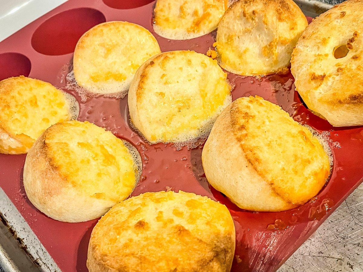 The Yorkshire pudding popovers will rise in the oven, then fall slightly.