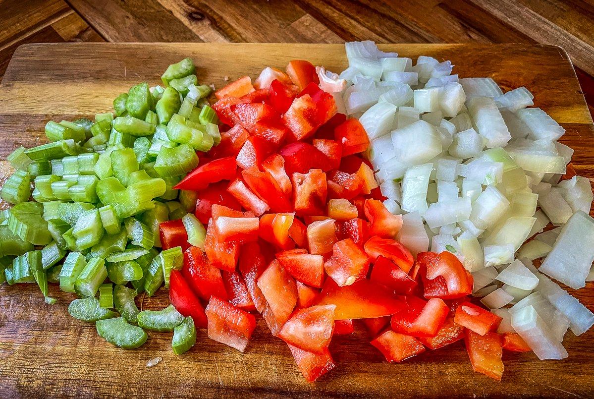Chop the celery, pepper and onion.