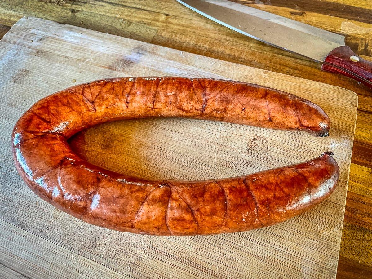Use your favorite smoked andouille sausage.