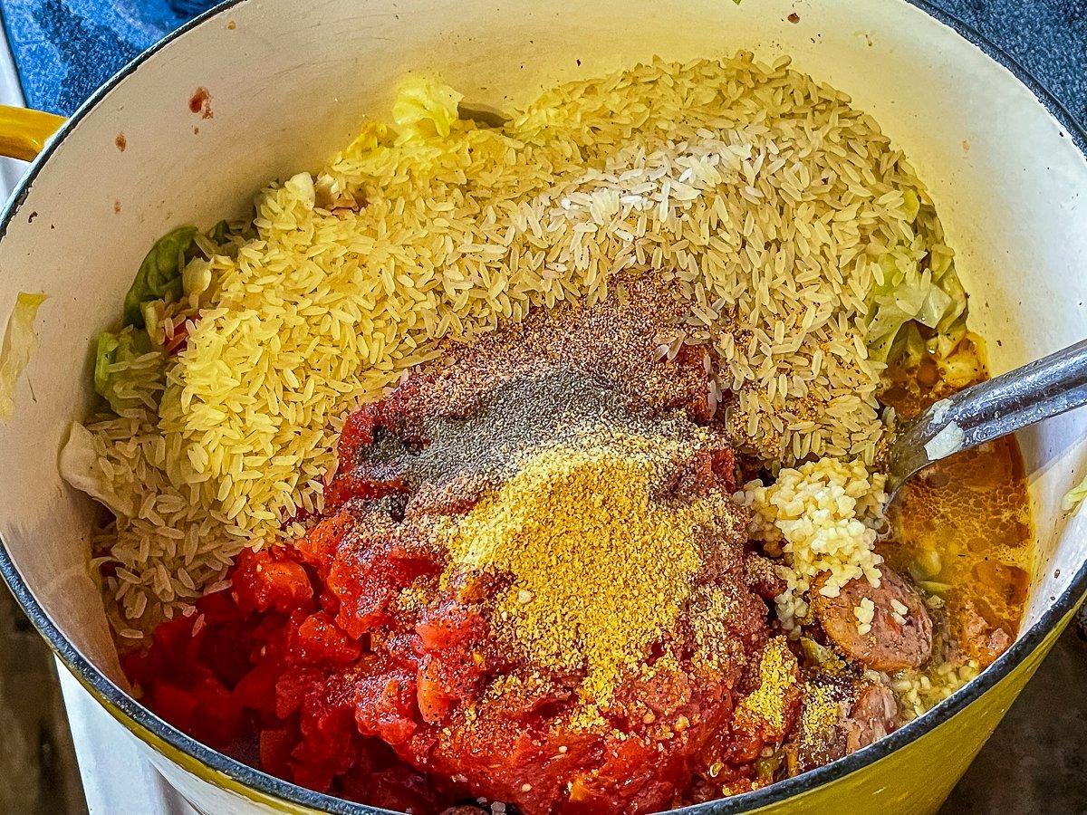 Add the remaining ingredients and cook until the rice is done.