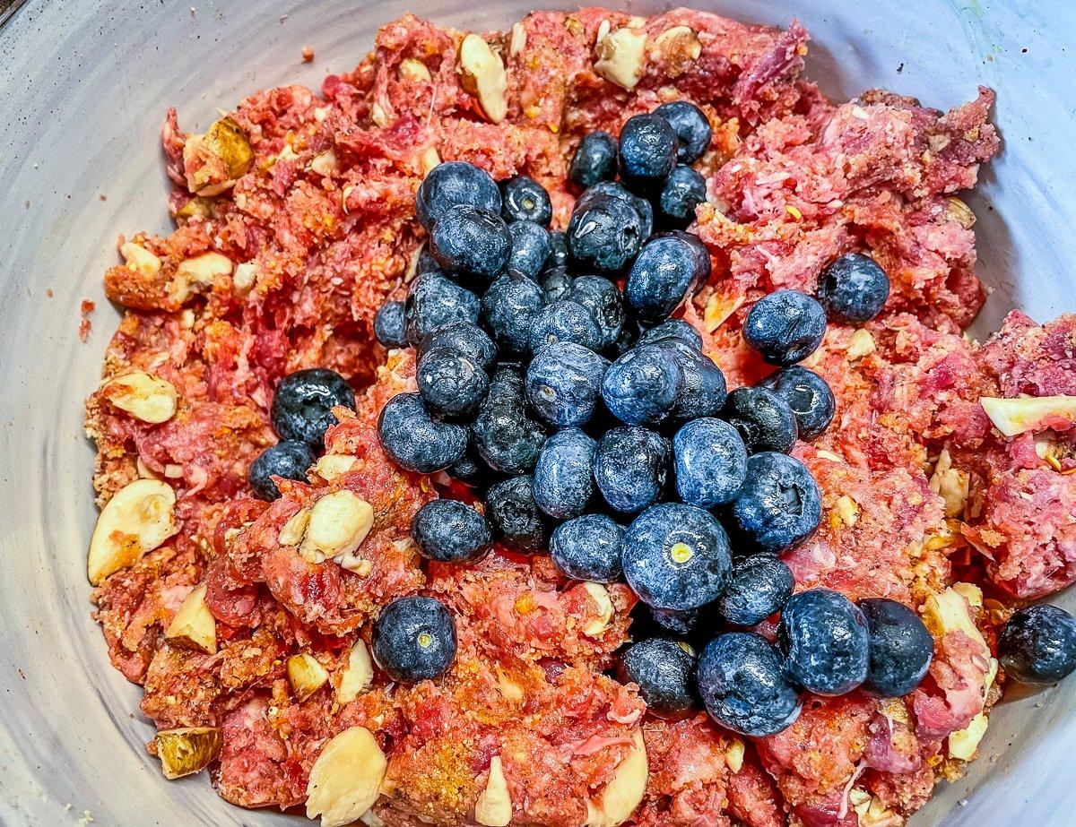 Blend all meatball ingredients, then gently fold in the blueberries.