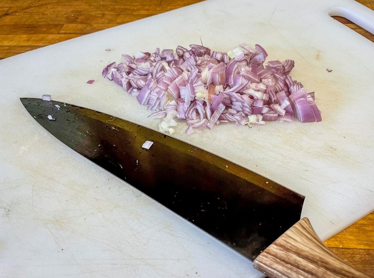 Finely chop the shallot before starting the sauce.