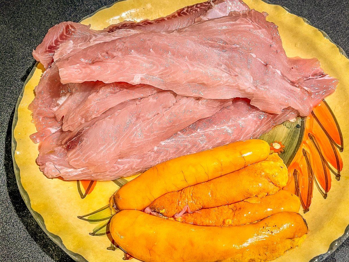 Fillet the mullet, skin on or off, your choice, and try to keep the roe sacks intact.