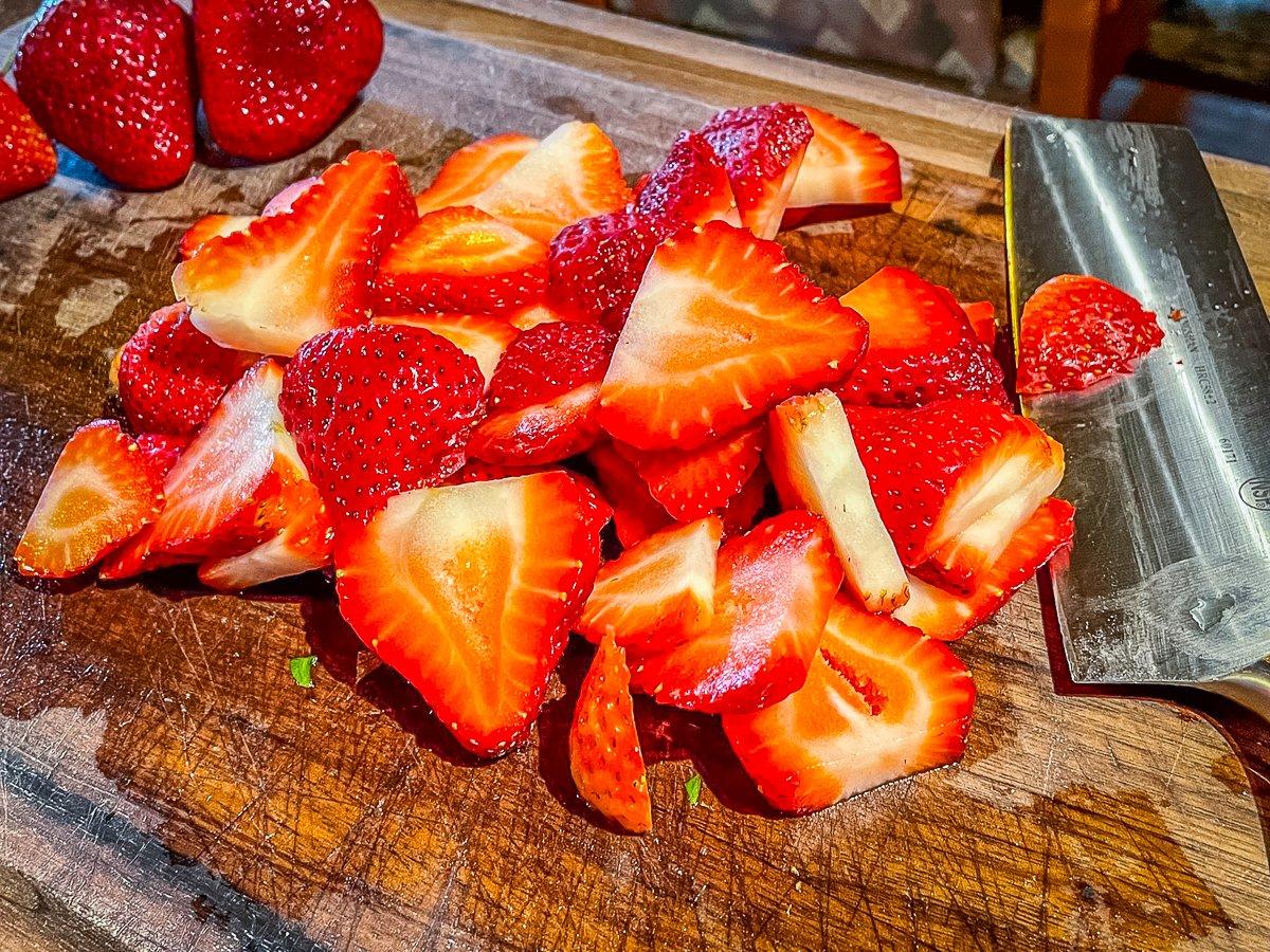 Slice the fresh strawberries.