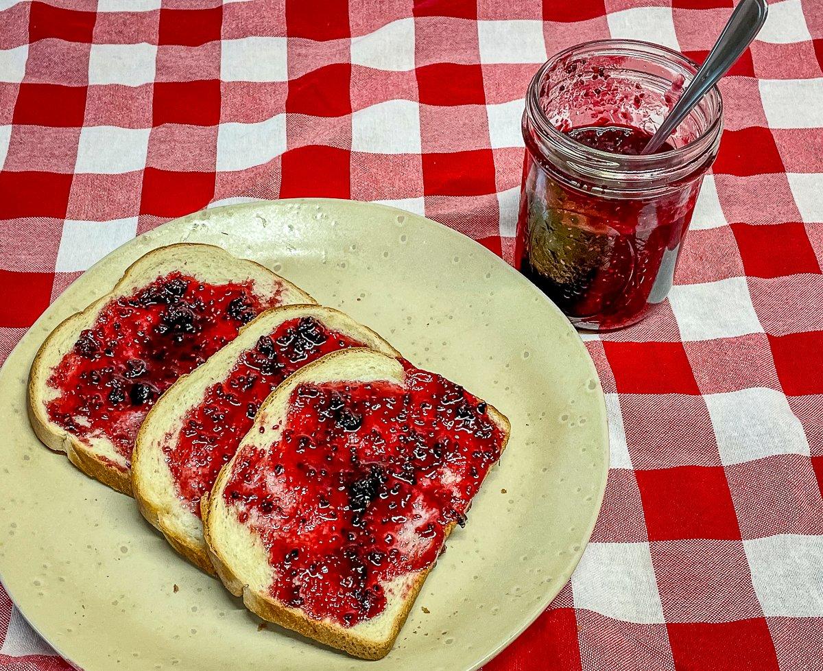 Spread the blackberry preserves over toast or warm biscuits. 