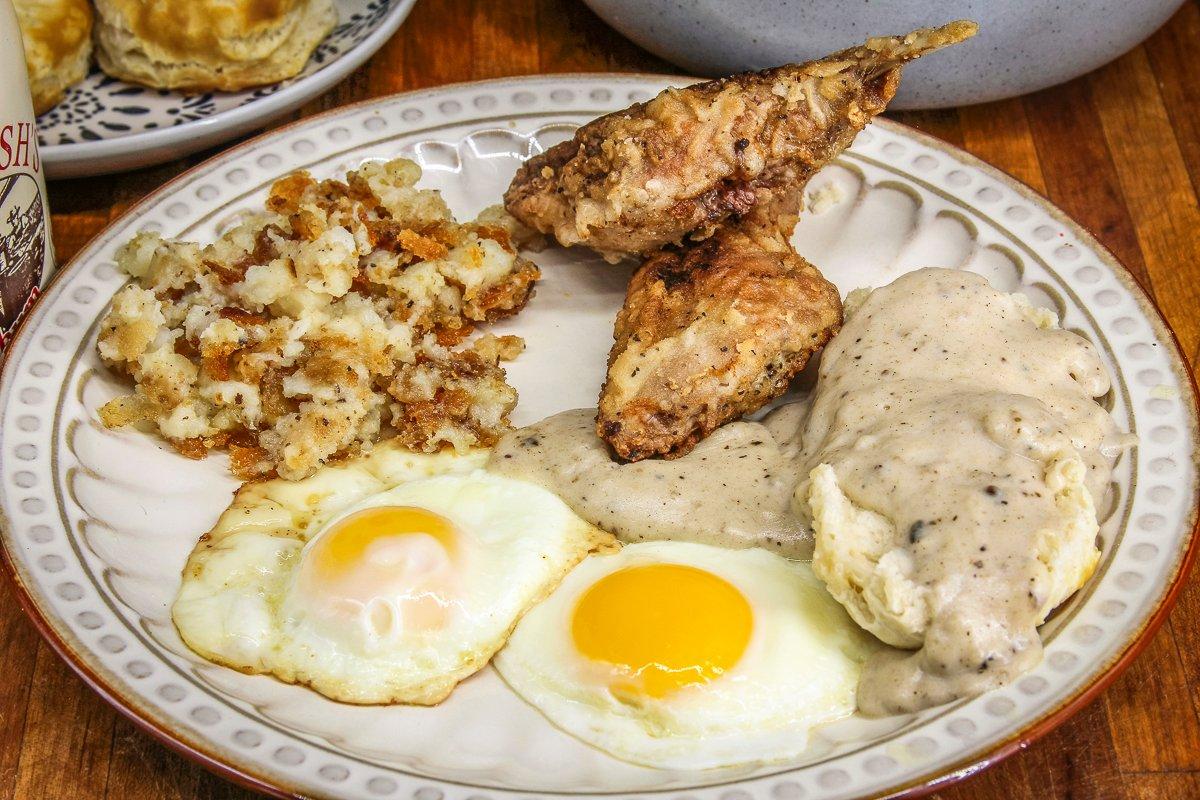 Serve the rabbit with eggs, rabbit gravy, hash browns, and homemade biscuits for a breakfast that will stick with you.