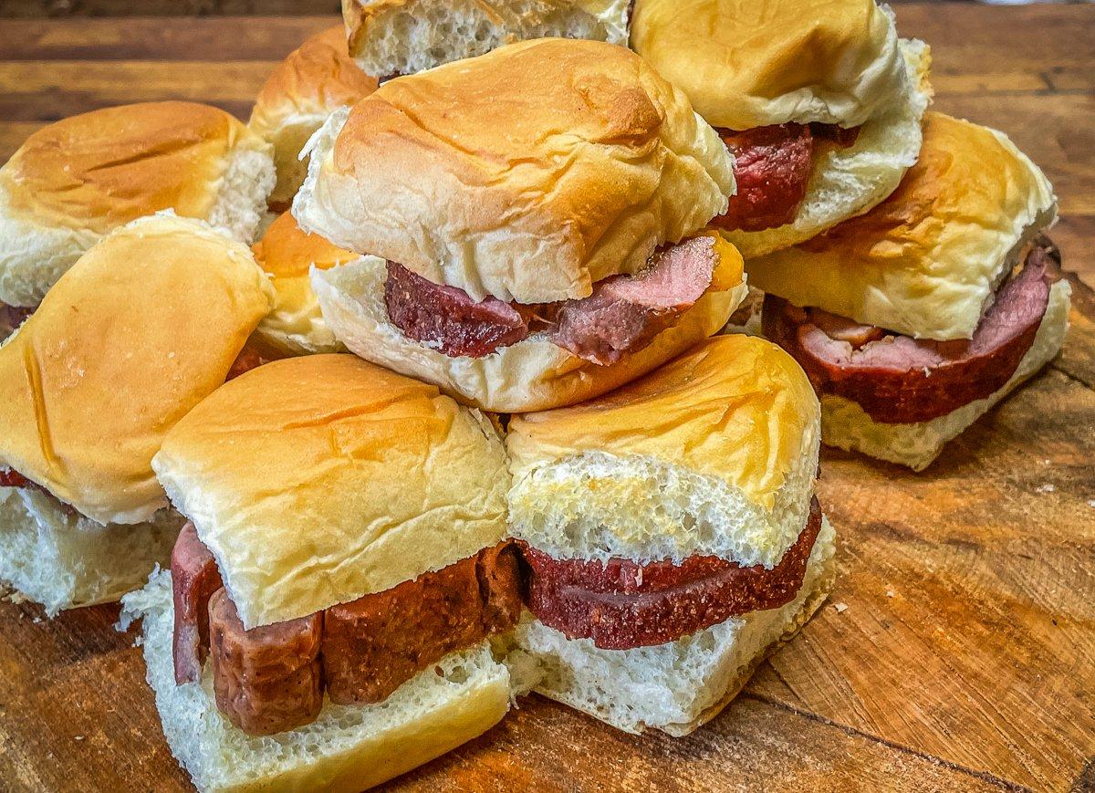 Venison Backstrap, Sausage, and Cheese Sliders