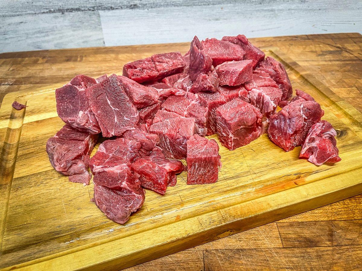 Cut the venison roast into bite-sized pieces. 