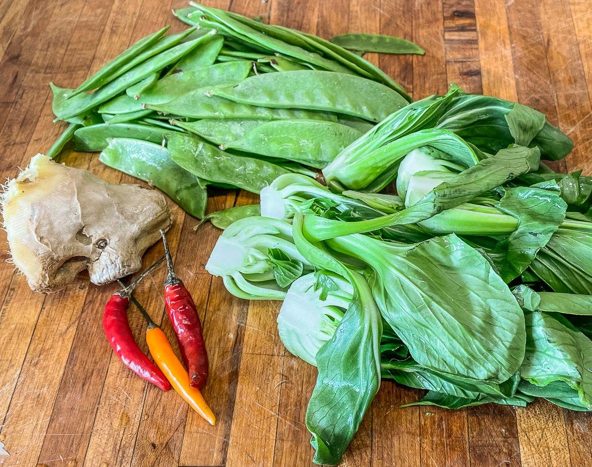 Use your favorite stir fry vegetables and aromatics. 