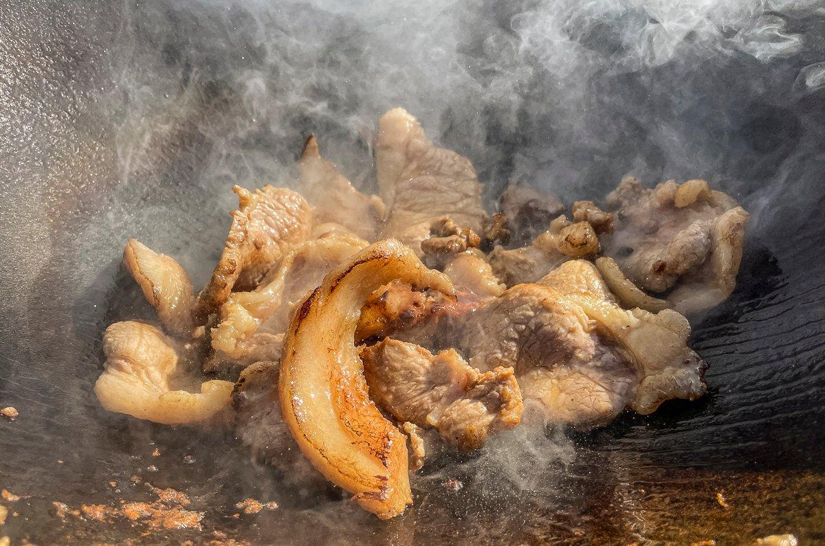 Stir fry the meat in batches so that you don't overcrowd the wok.