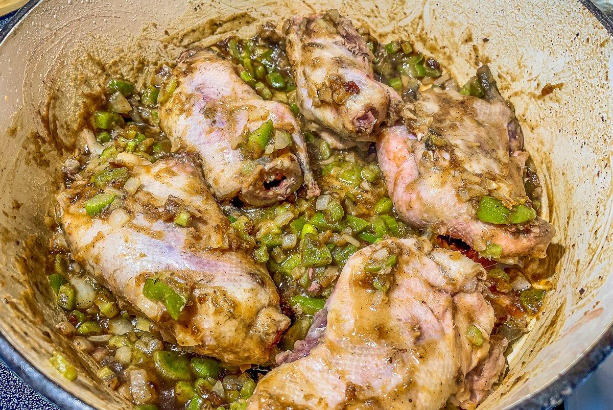 Brown the teal in the roux with the vegetables.