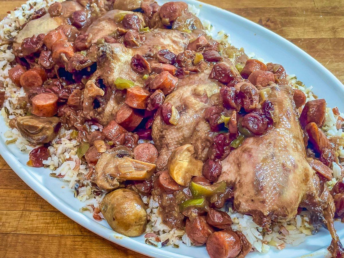 Serve the teal over rice, then spoon over the gravy with dried cherries and mushrooms.