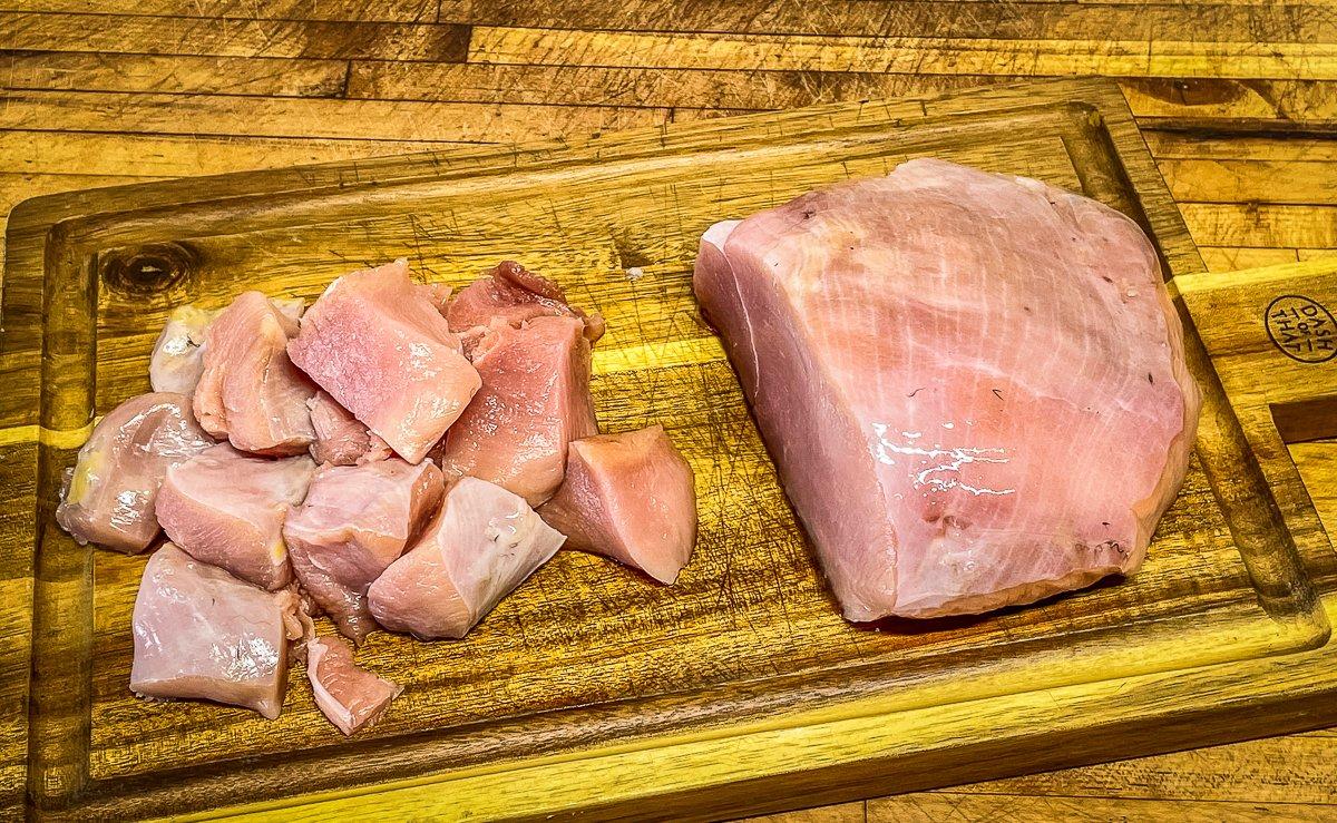 Cut one side of a turkey breast into roughly 1-inch cubes. 