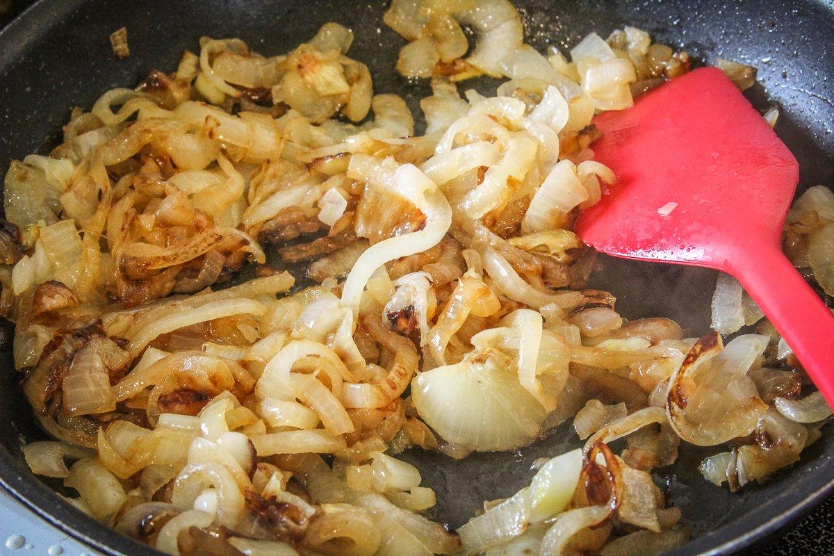 Caramelize the onions in butter or oil.