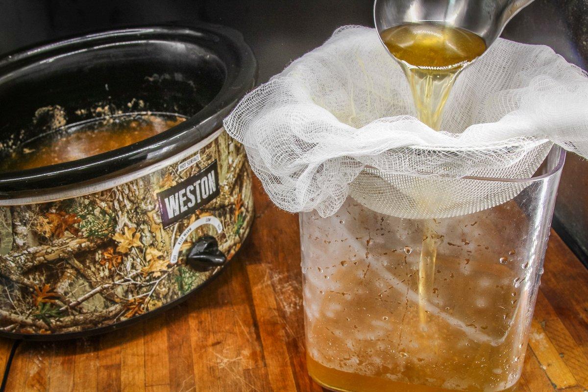 Filter the stock through a cheesecloth-lined wire strainer.