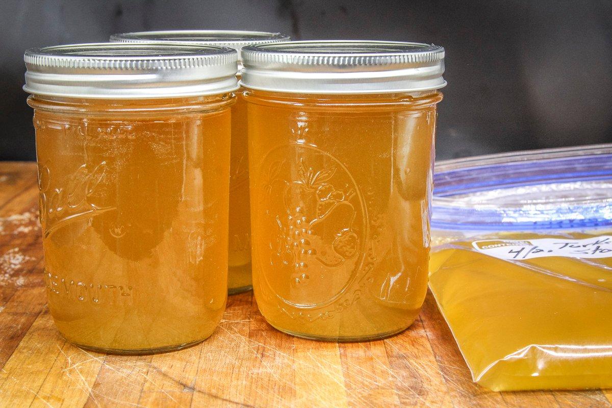 Stock can be frozen in bags or added to jars and refrigerated or pressure-canned.