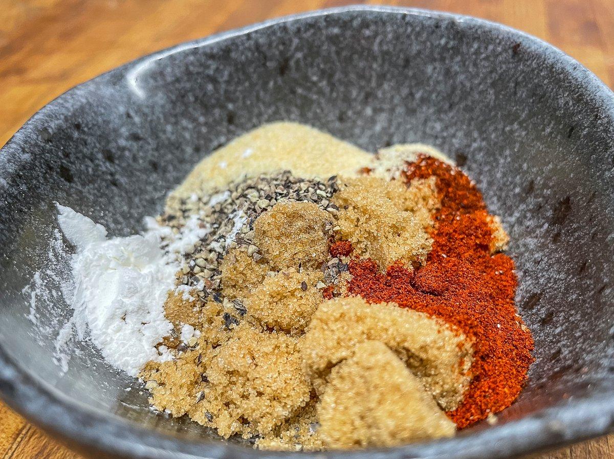 Mix the rub ingredients, then apply to the meat's surface.
