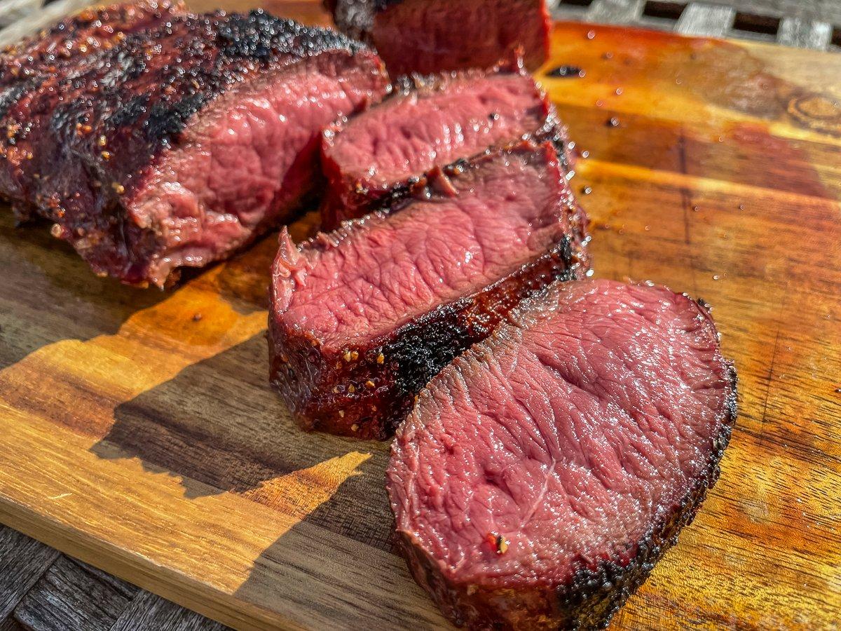 This double cooking method produces a perfectly medium-rare interior and a crusty exterior on the backstrap.