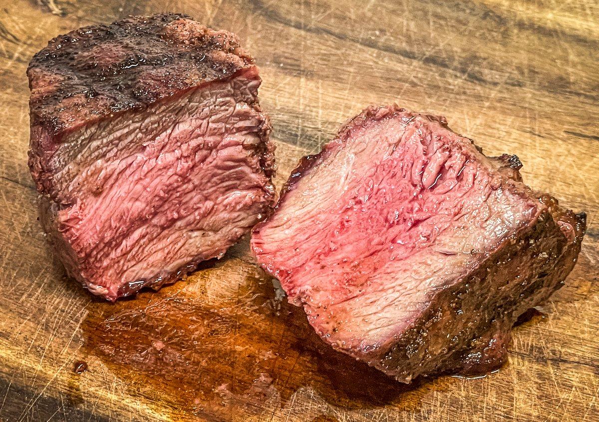 Cooking to 130 degrees internal temperature results in a nice medium-rare after resting.