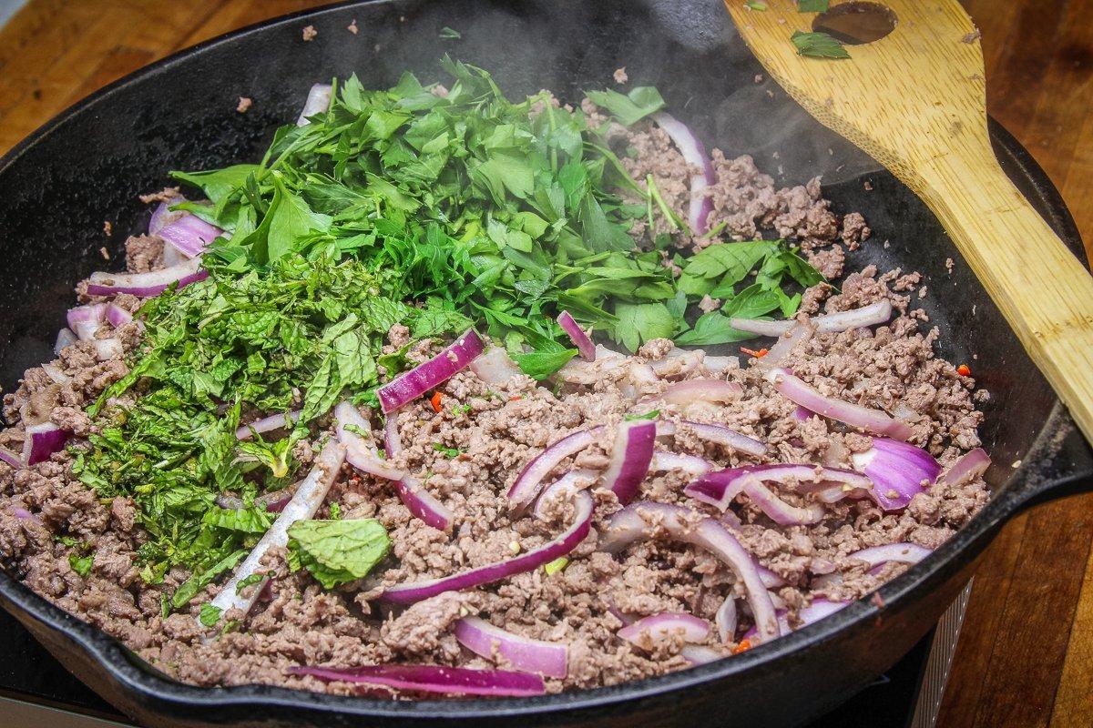 Brown the venison before adding herbs and other seasonings.