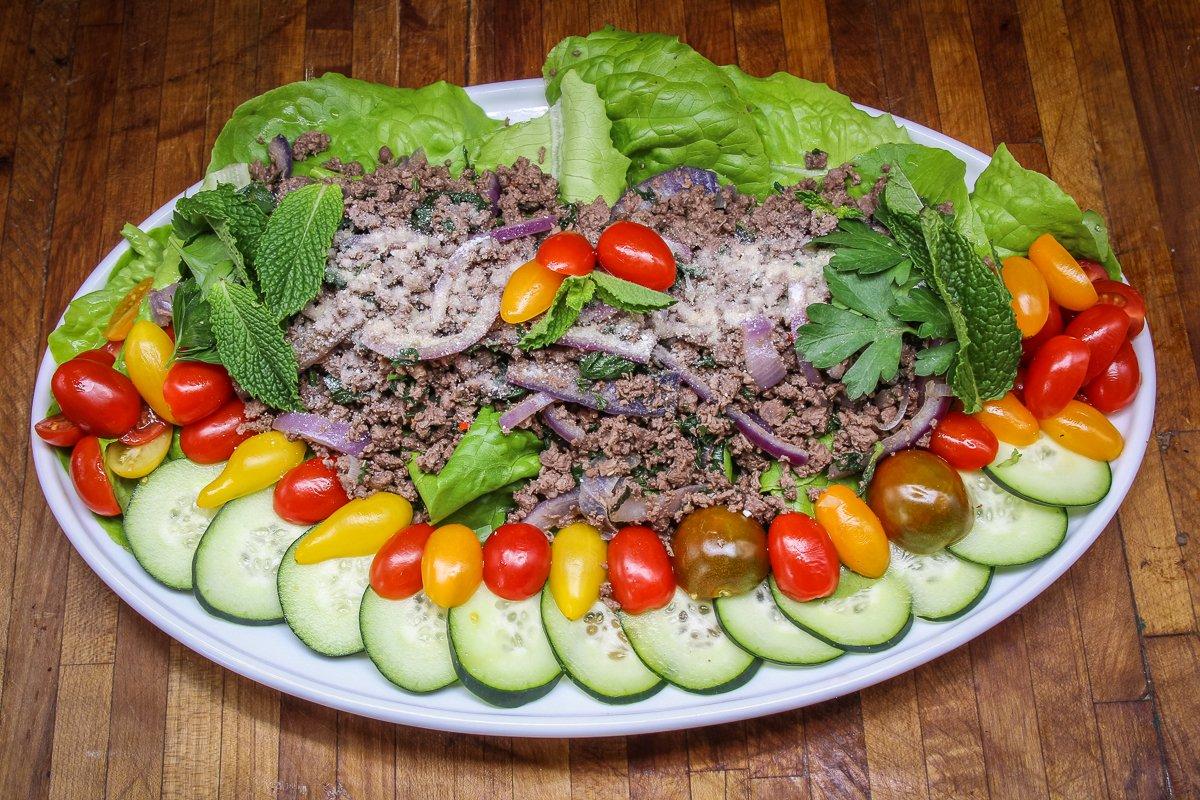 You can serve the larb as individual salads, lettuce wraps, or as a large salad for the table.