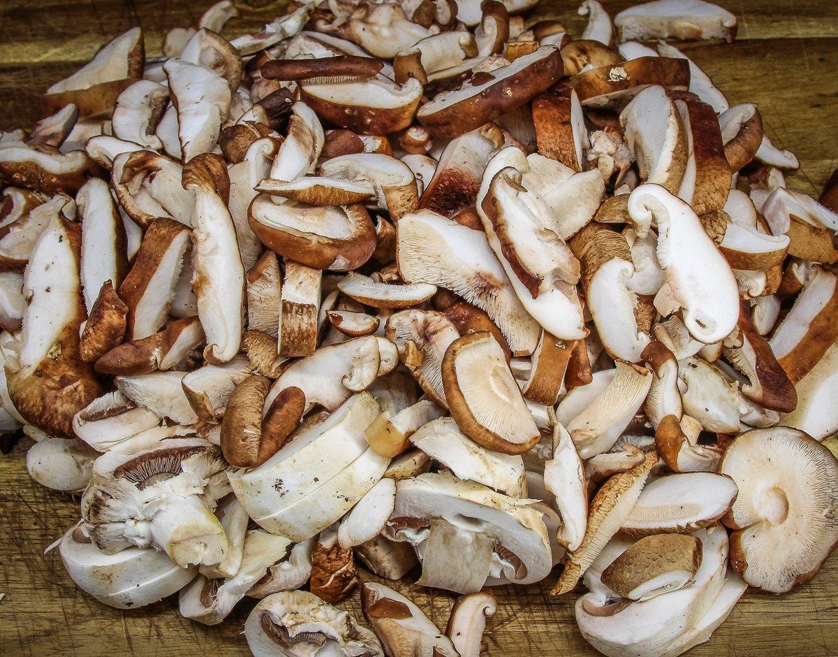 Slice your favorite mushroom blend for the recipe.