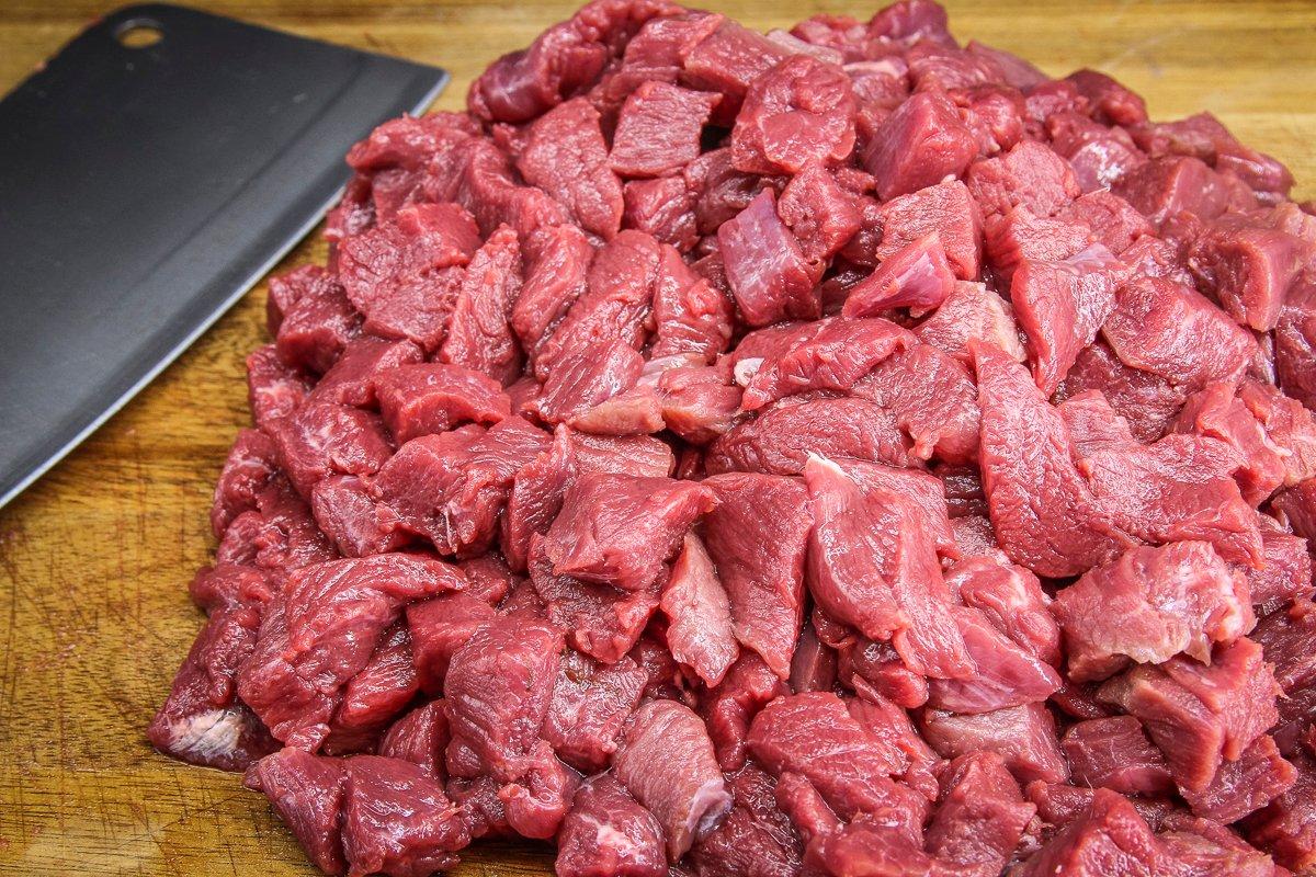 Trim the venison of all connective tissue and silverskin, then dice into 1/2-inch cubes.