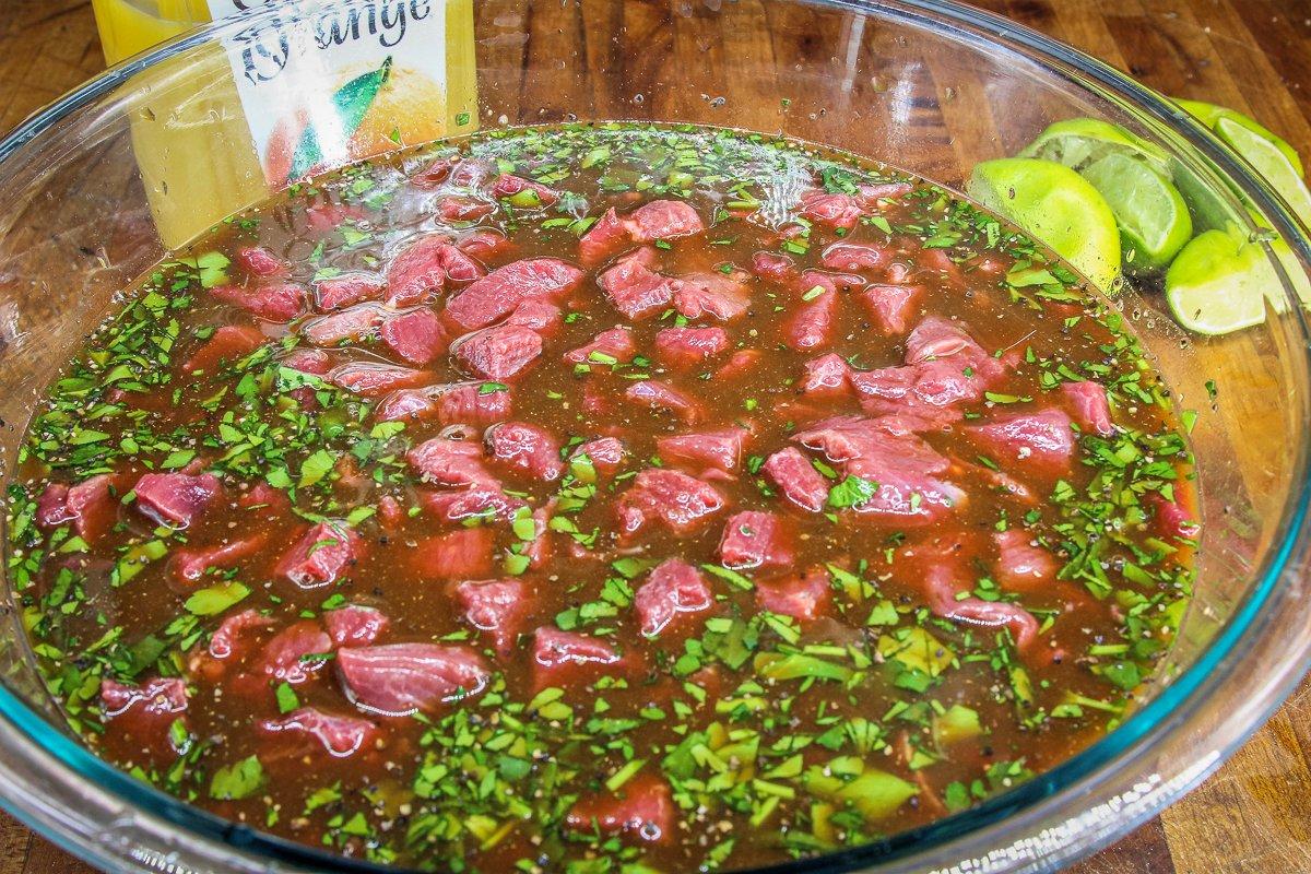 Marinate the diced venison for 2 to 4 hours before cooking.