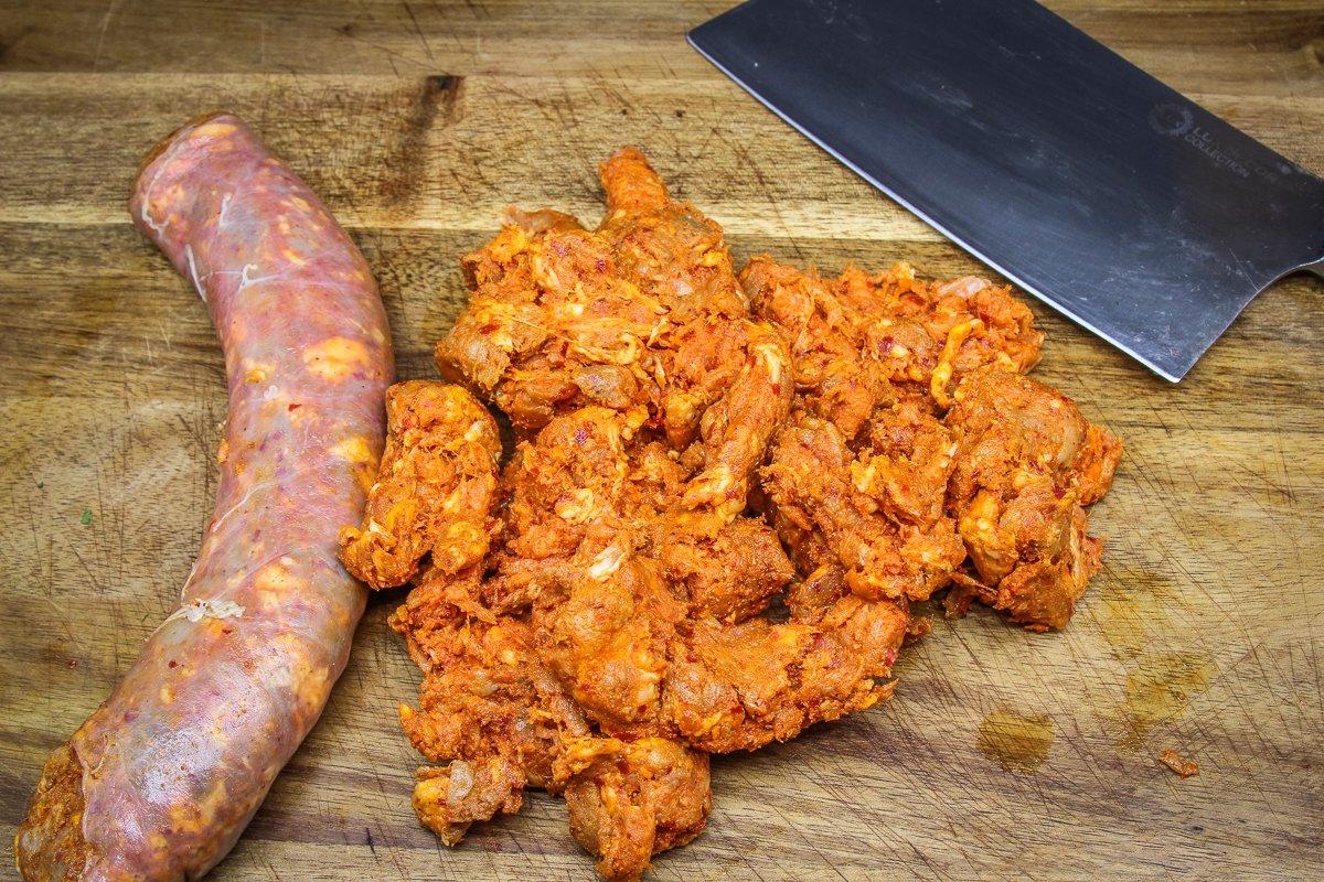 Remove the casing from the chorizo before cooking.