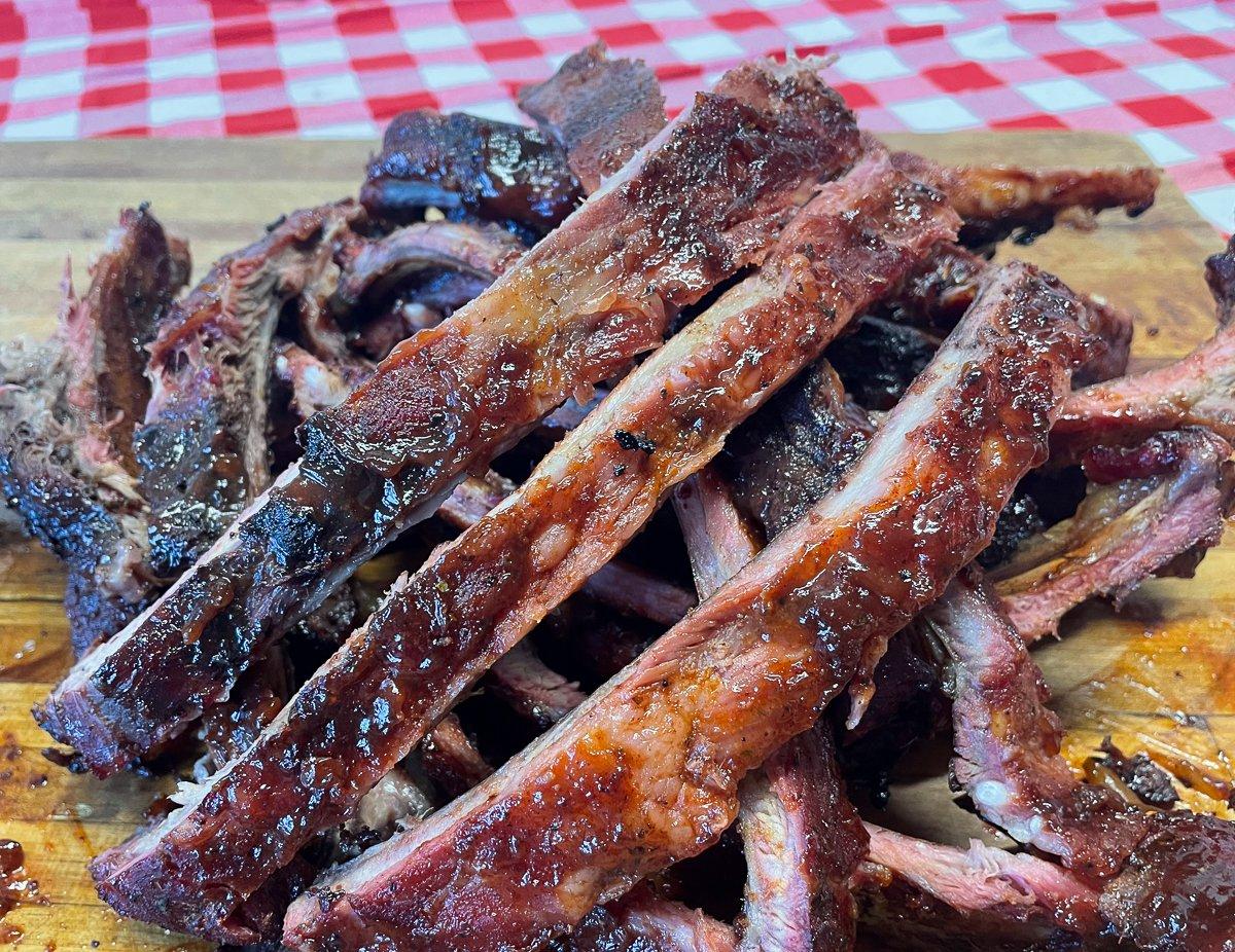 Pull the ribs from the grill, allow to rest, then slice between rib bones for serving.