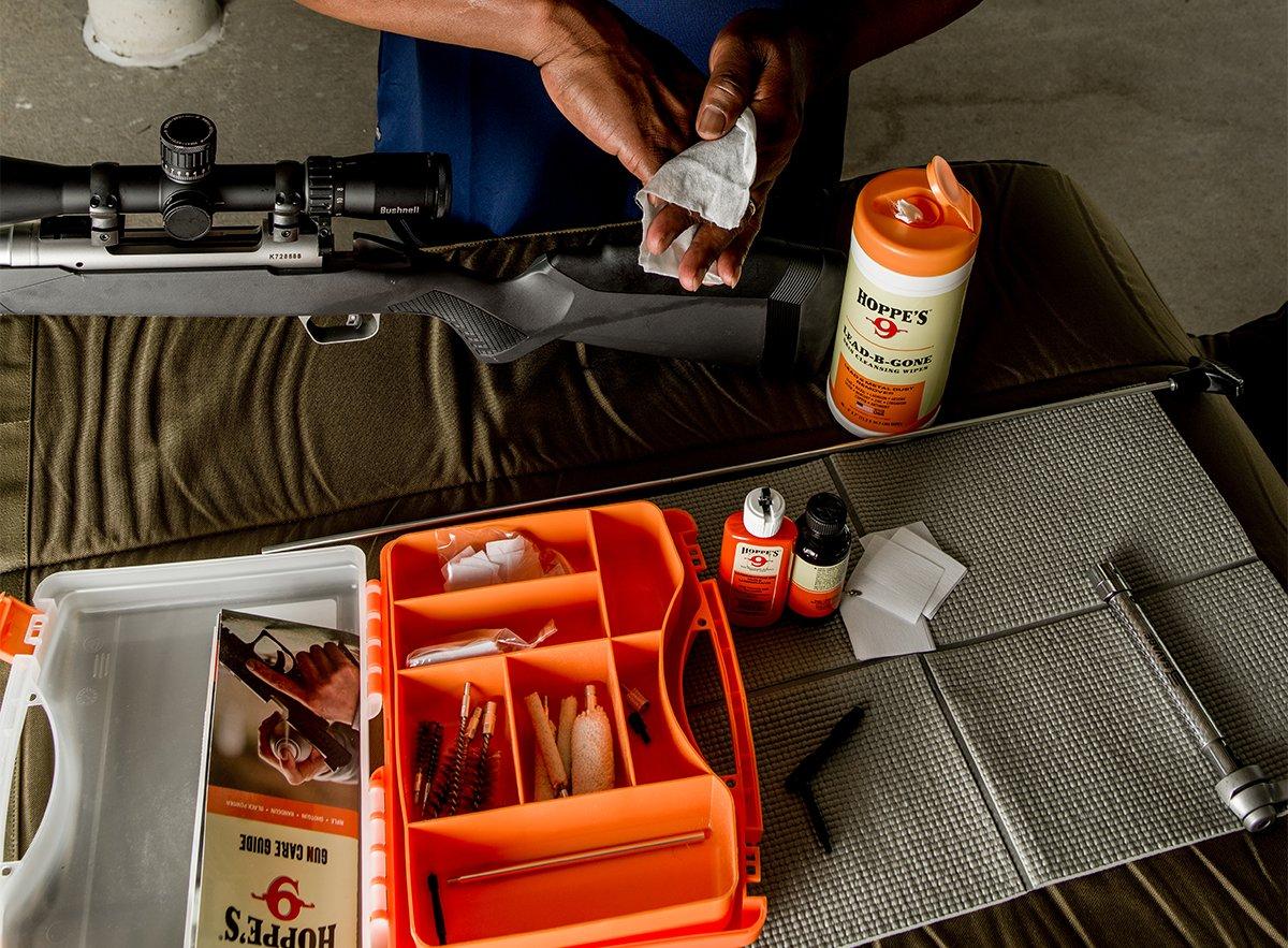Holding the gun in a vice frees up hands to properly clean your rifle. Image by Vista Outdoor