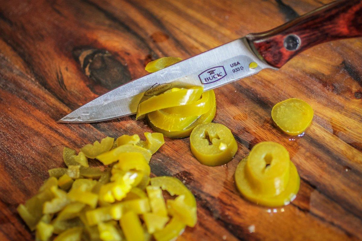 Chop the jalapenos, but don't make them to small, you want a burst of heat from the pepper to balance the sweetness.