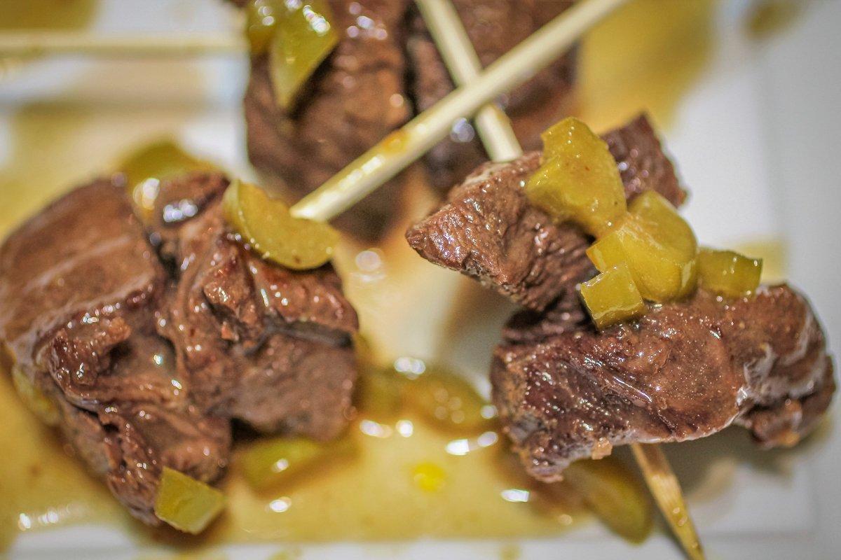 The recipe is sweet but spicy. Served on skewers or toothpicks, it makes a great appetizer.