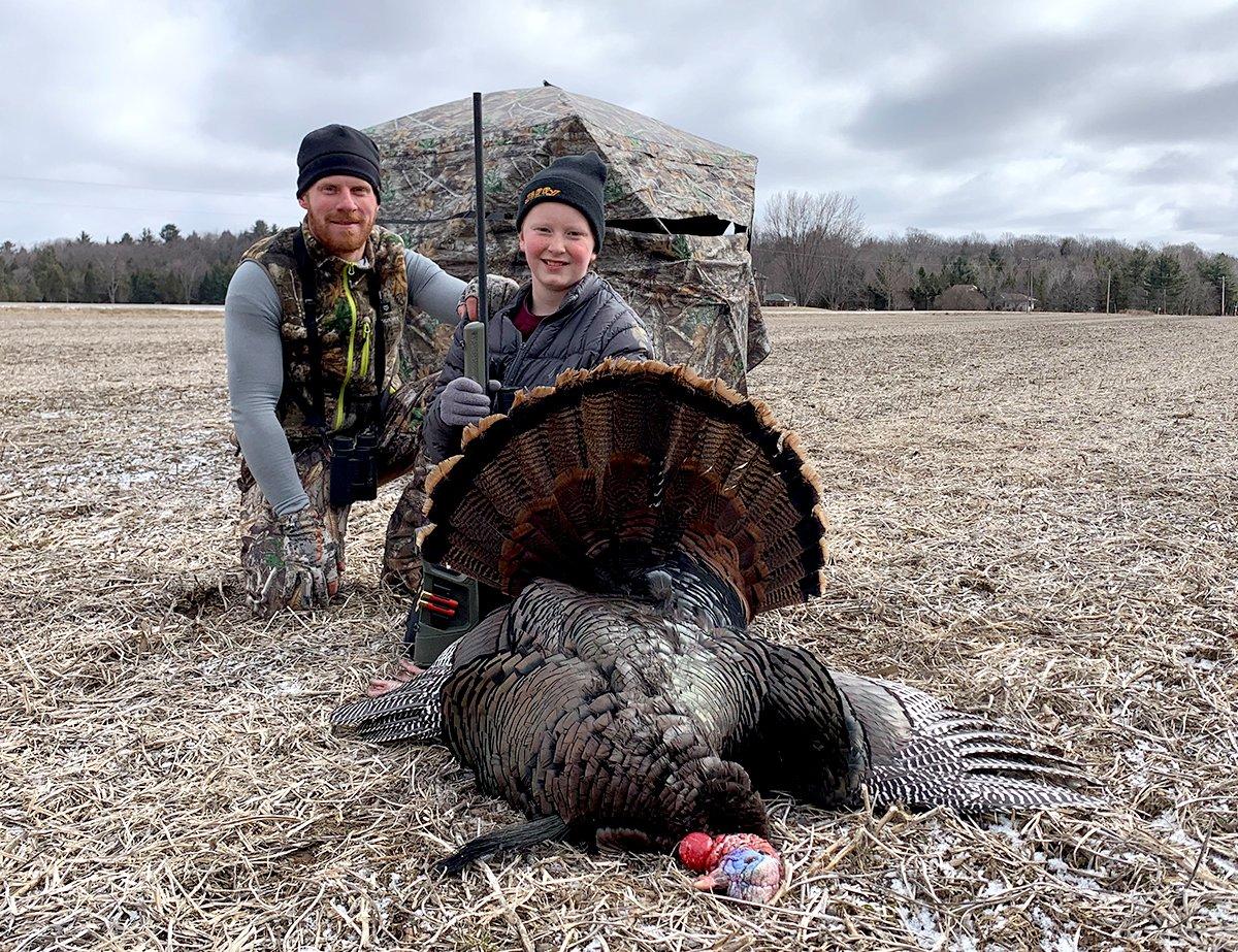 The author's nephew, Timothy Zahringer, hammered this 26-pound gobbler as it attacked a jake decoy late in the morning during the Wisconsin youth hunt. Image by Darron McDougal