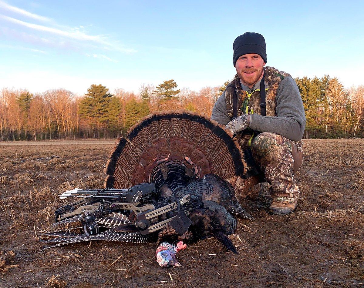 Author Darron McDougal arrowed this Wisconsin tom from 9 yards as it posed to strike his jake decoy. Gobbling action was intense, and the combination of loud calling and decoying proved deadly. Image by Darron McDougal