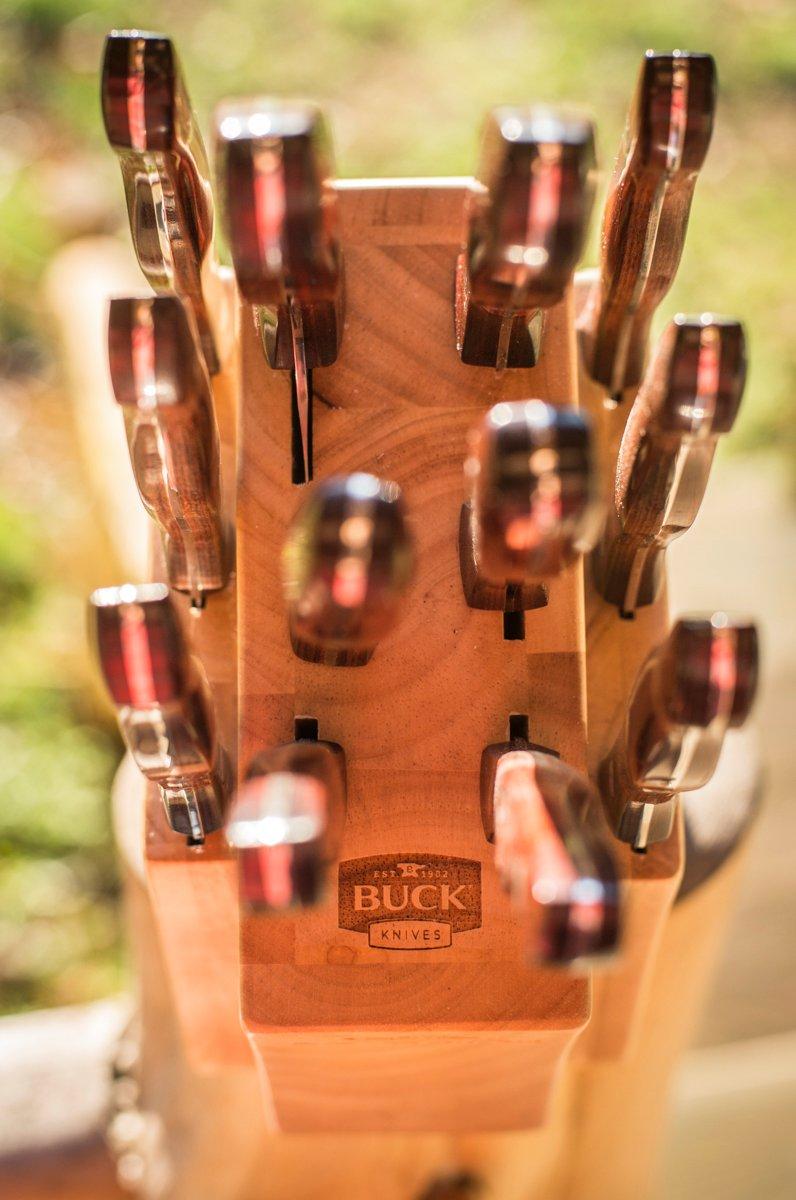 The butcher's block knife block makes a nice display while protecting the knives and their edge.