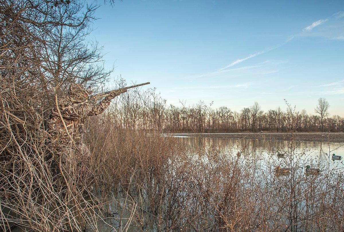 How much should you lead a streaking duck at 35 yards? Good question. Let experience and your natural hand-eye coordination guide the gun. Photo © Bill Konway 