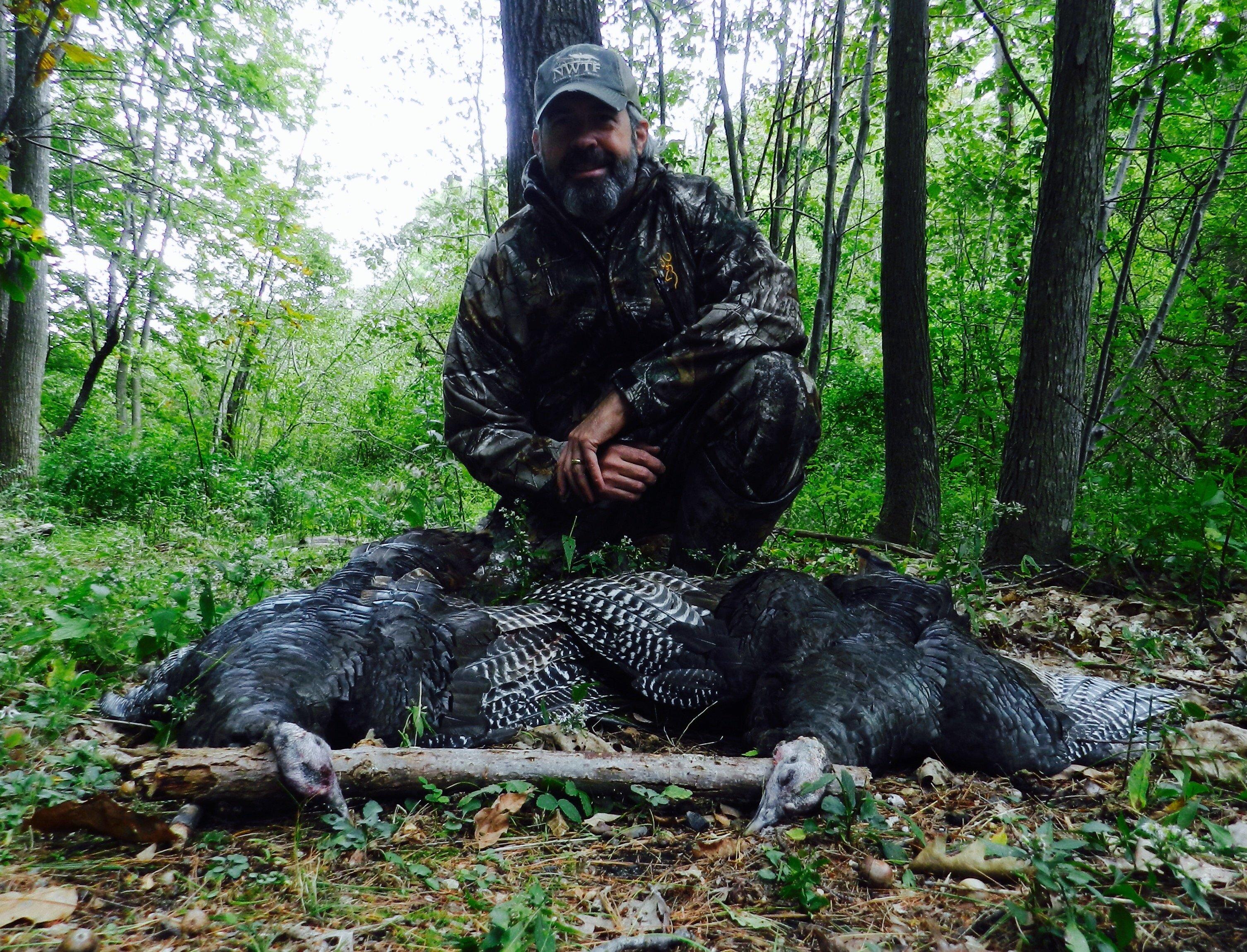 Two young October gobblers, Maine. (Steve Hickoff self-timer photo)