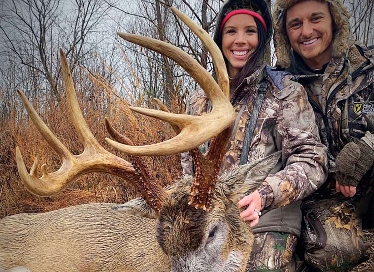After sitting through a late-November soaker, a slight break in precipitation put this buck in Ashley Noe's crosshairs. The massive deer only has a 13 ½-inch spread. (Photo courtesy of Jake and Ashley Noe)