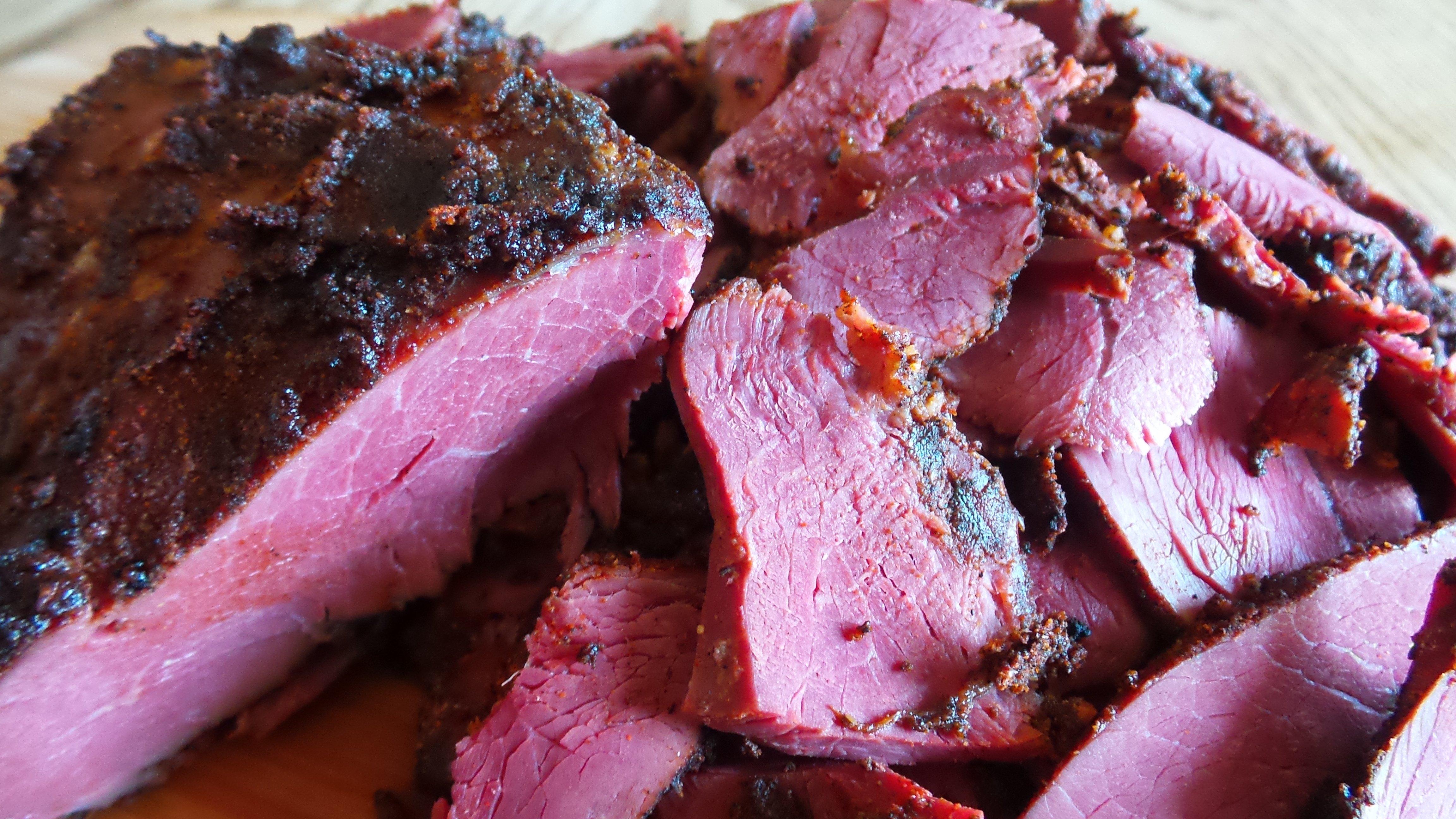 Because the pastrami is cured, the meat will remain pink even after being cooked through.